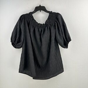 River Island Top Womens 12 Black Off‎ Shoulder Ruffled Neck Short Sleeve NWT